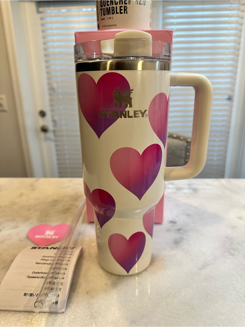 Stanley White Travel Tumbler with Pink to Purple Heart Gradient & Handle & Straw